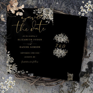 Schwarze und goldene gothische Blumen-Monogramm-Ho Save The Date