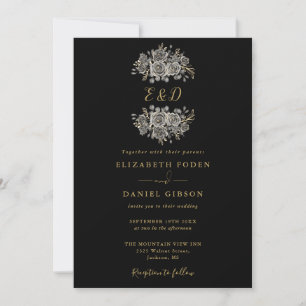 Schwarze und goldene gothische Blumenschrift Hochz Einladung