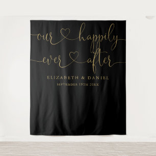 Schwarze und goldene Herz-Schrift Hochzeit für imm Wandteppich