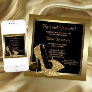Schwarze und goldene High Heels Damen 50. Geburtst Einladung