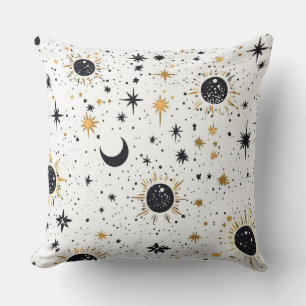 Schwarze und goldene himmlische Sonne Mond Sterne Kissen