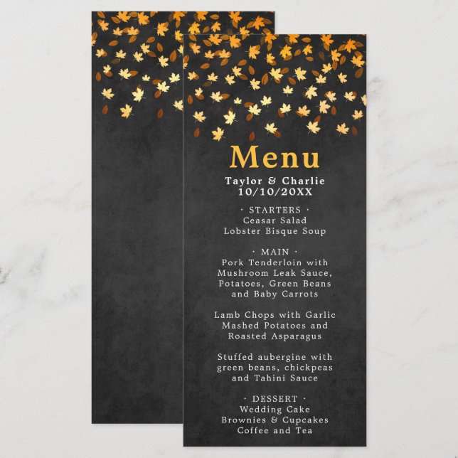 Schwarze und goldene Hochzeit im Herbst Menükarte (Vorne/Hinten)