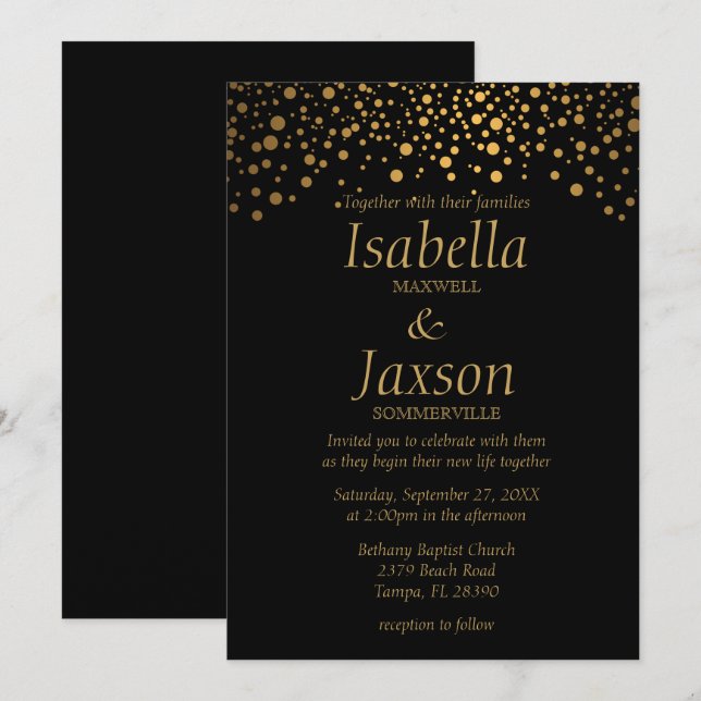 Schwarze und goldene Imitate Foil Confetti Dots Einladung (Vorne/Hinten)