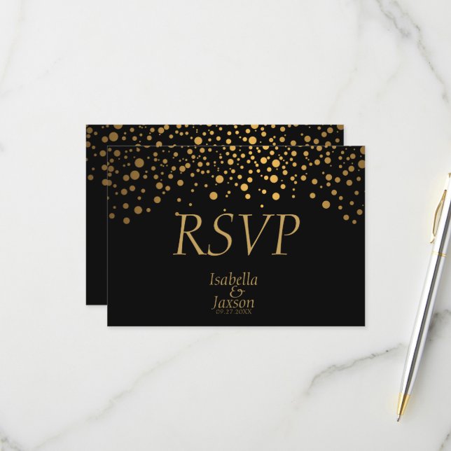 Schwarze und goldene Imitate Foil Confetti Dots RSVP Karte (Vorderseite/Rückseite Beispiel)