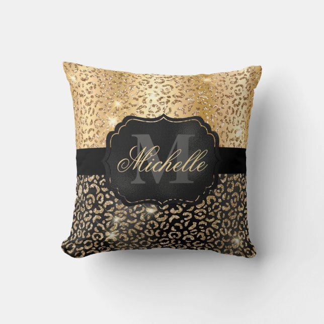 Schwarze und goldene Imitate Glitzer Glam Leopard  Kissen (Vorderseite)