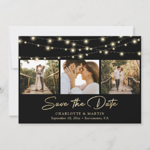 Schwarze und goldene Lichterketten-Foto-Collage-Ho Save The Date