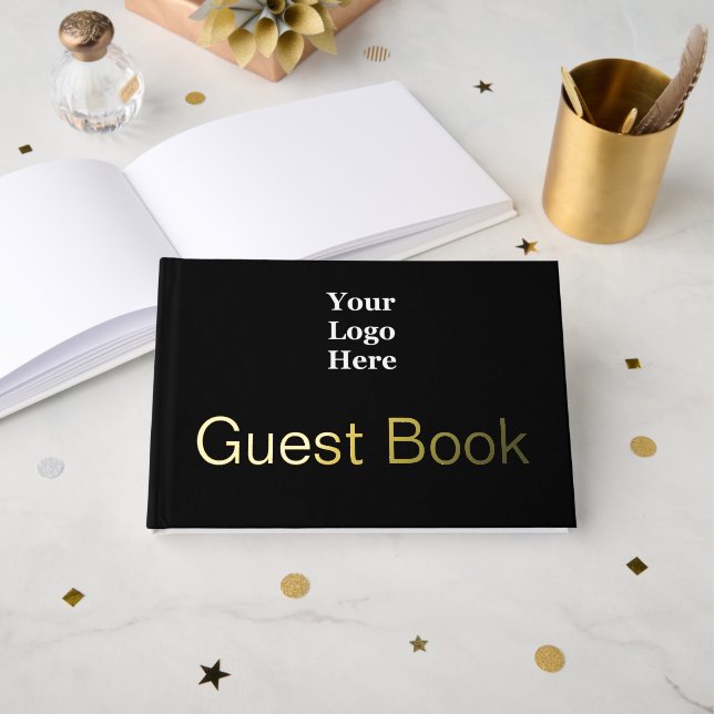 Schwarze und goldene Logos für Unternehmen Gästebuch (Vorderseite Offen)