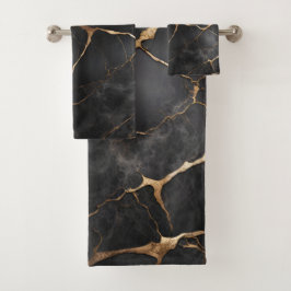 Schwarze und goldene Marmorsteinstruktur Badhandtuch Set
