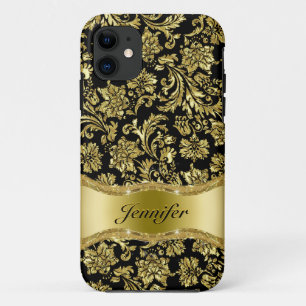 Schwarze und goldene metallische Blumen-Damaskus - iPhone 11 Hülle