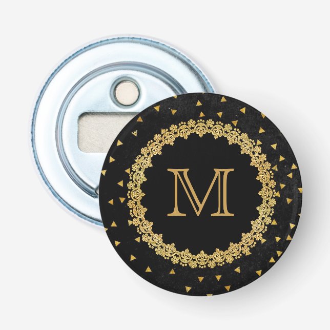 Schwarze und goldene Monogramm-Sparkles Flaschenöffner (Vorderseite)