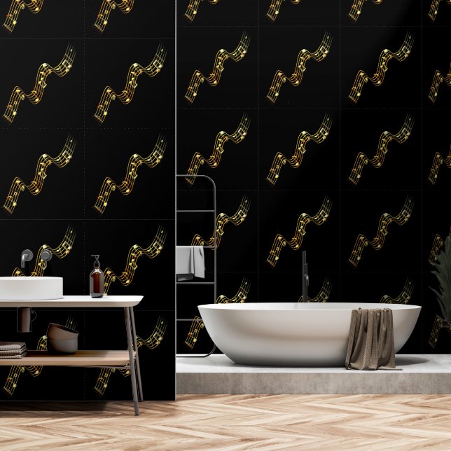 Schwarze und goldene Musiknotes - Benutzerdefinier Tapete (Badezimmer)