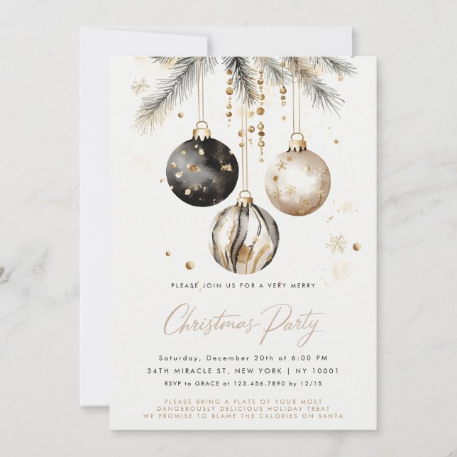 Schwarze und goldene Ornamente Baubles Weihnachtsf Einladung (Vorderseite)