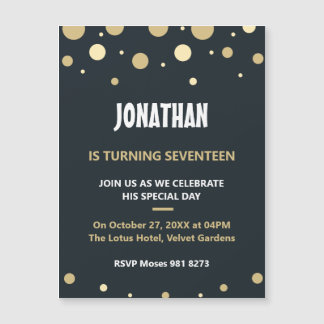 Schwarze und goldene Polka-Punkte-Muster Geburtsta Magneteinladung