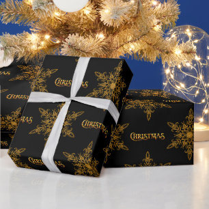 Schwarze und goldene Schneeflocken Weihnachten Geschenkpapier