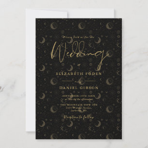 Schwarze und goldene Schrift Sterne Mond Himmelhoc Einladung