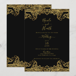 Schwarze und goldene Spitze Elegante Hochzeit Einladung
