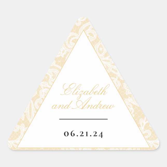 Schwarze und goldene Spitzen Elegante Script-Hochz Dreieckiger Aufkleber (Vorderseite)