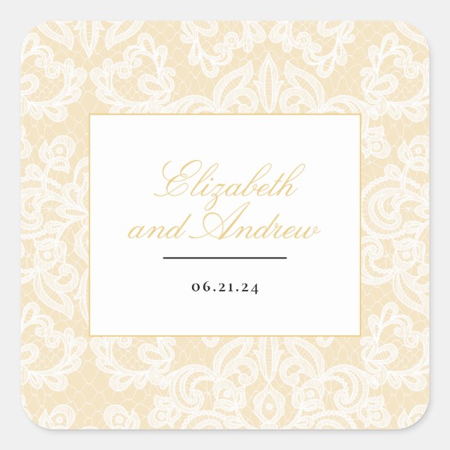 Schwarze und goldene Spitzen Elegante Script-Hochz Quadratischer Aufkleber (Vorderseite)