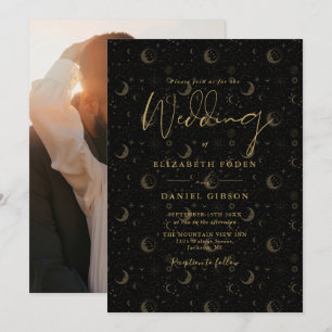 Schwarze und goldene Sterne Mond Foto Himmlische H Einladung