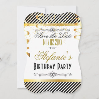 Schwarze und goldene Streifen mit Confetti Save The Date