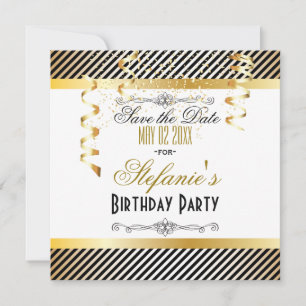 Schwarze und goldene Streifen mit Confetti Save The Date