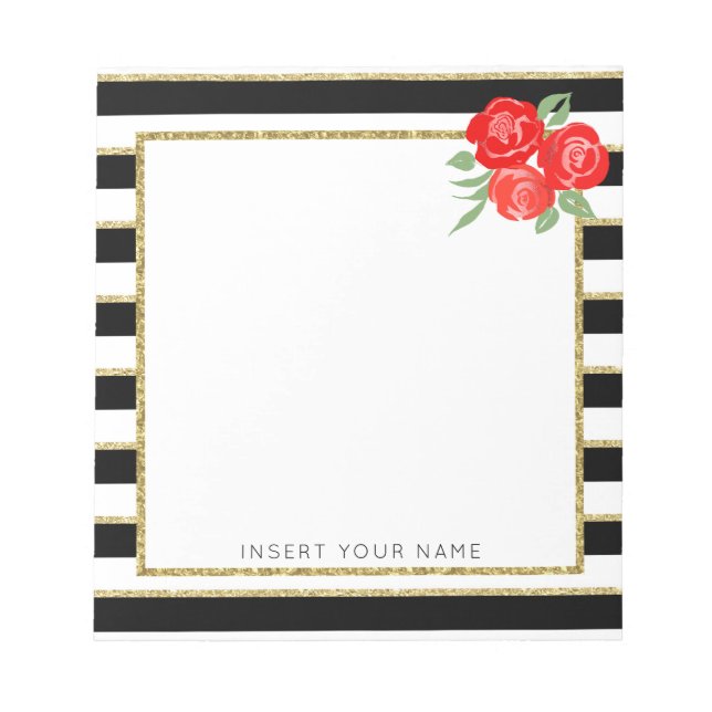 Schwarze und goldene Streifen mit Rose Notepad 5.5 Notizblock (Vorderseite)