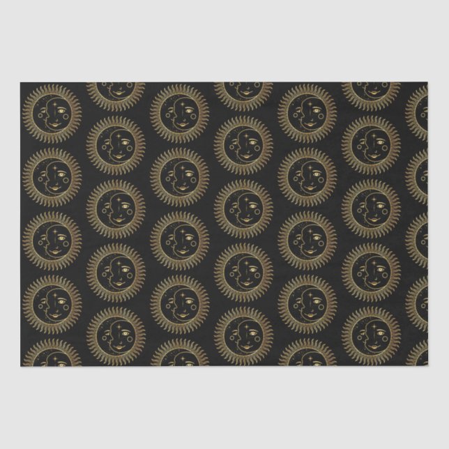 Schwarze und goldene Sun & Moon Gesichter Seidenpapier (Vorderseite)