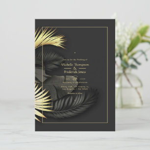 Schwarze und goldene tropische Hochzeitseinladung Einladung