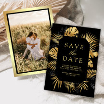 Schwarze und goldene tropische Palmwedding-Fotos