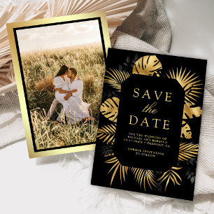 Schwarze und goldene tropische Palmwedding-Fotos Save The Date