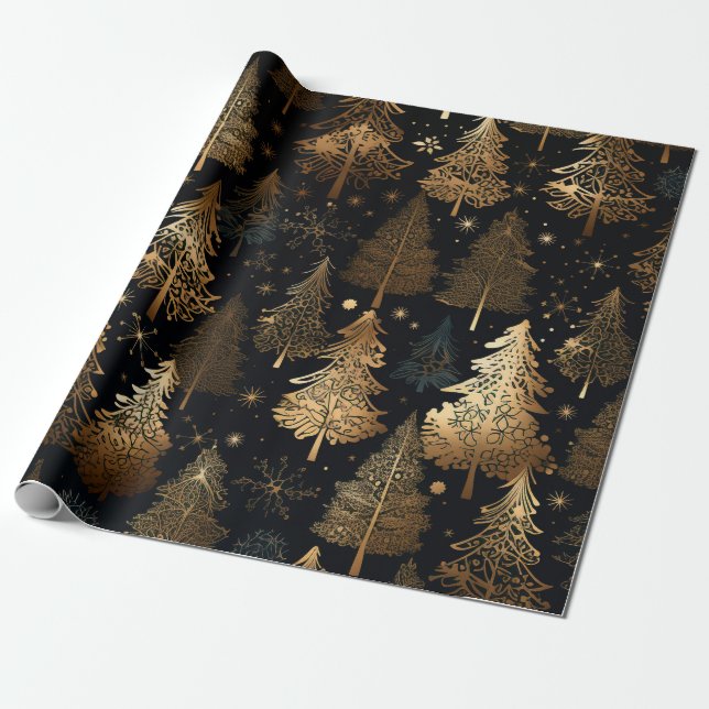 Schwarze und goldene Weihnachtsbäume Geschenkpapier (Ungerollt)