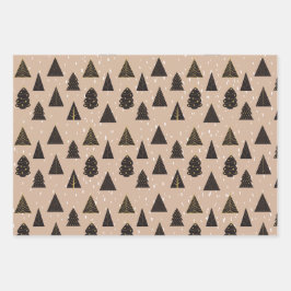 Schwarze und goldene Weihnachtsbäume, Schnee Geschenkpapier Set