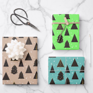 Schwarze und goldene Weihnachtsbäume, Schnee Geschenkpapier Set