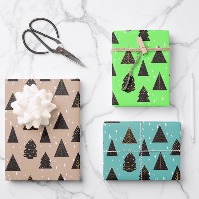 Schwarze und goldene Weihnachtsbäume, Schnee Geschenkpapier Set (Vorderseite)