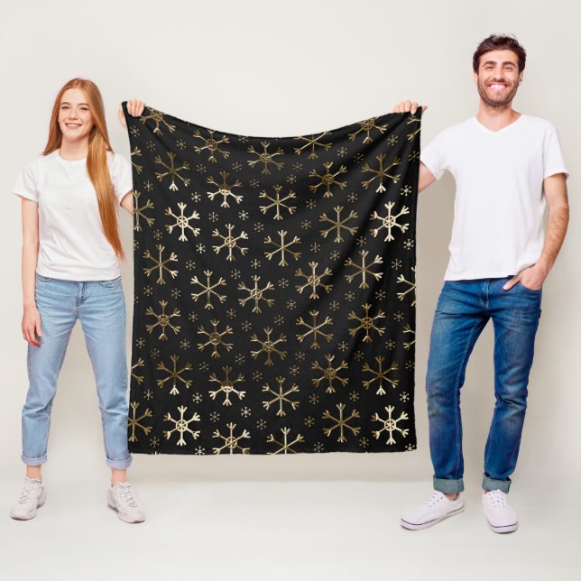 Schwarze und goldene Weihnachtsschneeflocken Fleecedecke (Beispiel)