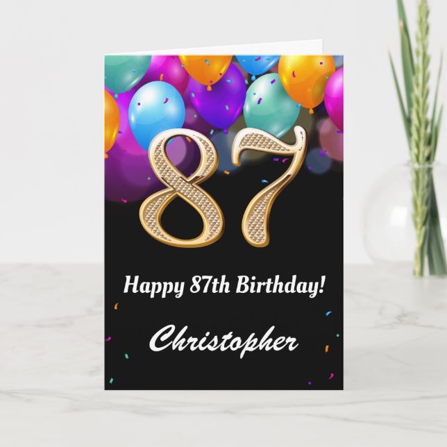 Schwarze und goldfarbene Balloons zum 87. Geburtst Karte (Vorderseite)
