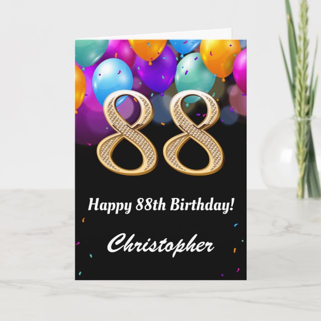Schwarze und goldfarbene Balloons zum 88. Geburtst Karte (Vorderseite)