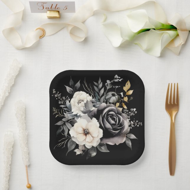 Schwarze und graue Rose und Gold-Blätter Pappteller (Hochzeit)