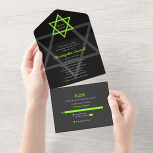 Schwarze und grüne Bar-Mizwa-RSVP All In One Einladung