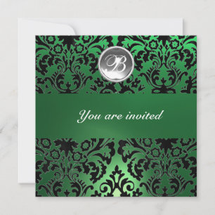 SCHWARZE UND GRÜNE DAMASK GEM STEIN MONOGRAMM, wei Einladung