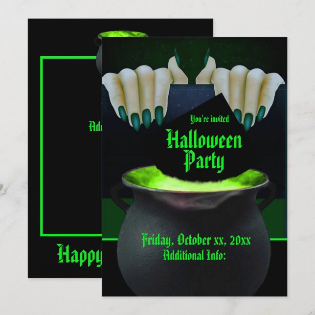 Schwarze und grüne Hexen Einladung (Vorne/Hinten)