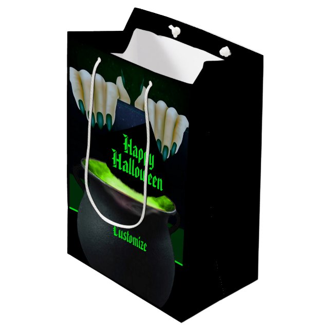 Schwarze und grüne Hexen Mittlere Geschenktüte (Vorderseite Schrägansicht)