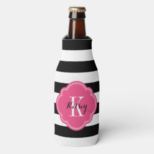 Schwarze und Hot-Pink-Preppy-Streifen Monogramm Flaschenkühler