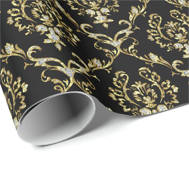 Schwarze und Imitate Gold Glitzer Floral Damasks Geschenkpapier (Rolleneckpunkt)