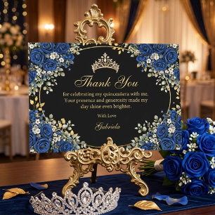 Schwarze und königsblaue Rosen Golden Quinceañera Dankeskarte