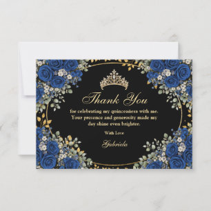 Schwarze und königsblaue Rosen Golden Quinceañera Dankeskarte