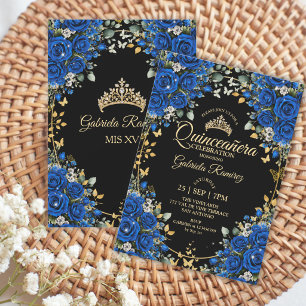 Schwarze und königsblaue Rosen Golden Quinceañera  Einladung