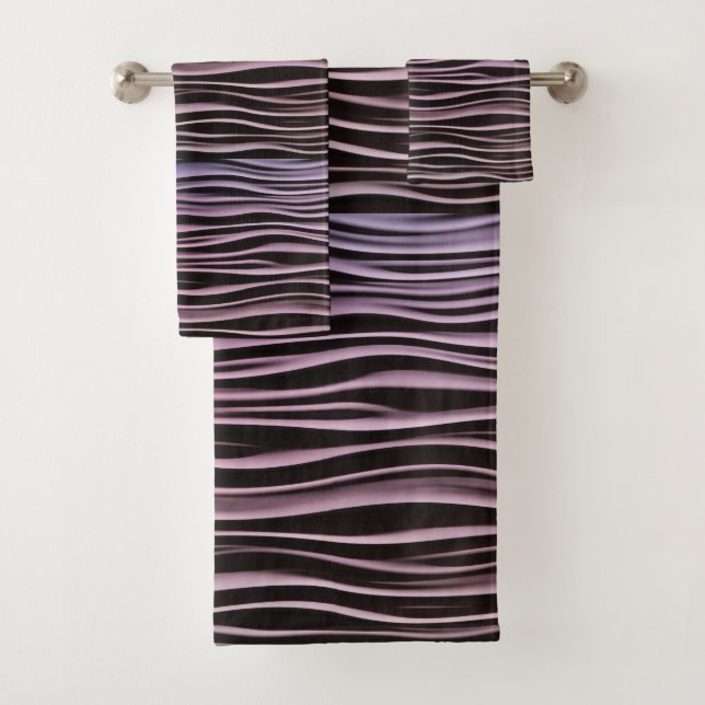 Schwarze und Lila Art Deco Waves Badhandtuch Set (Insitu)