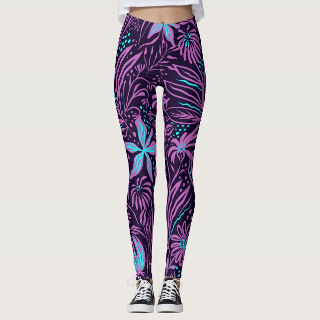Schwarze und Lila Blumen Leggings (Vorderseite)