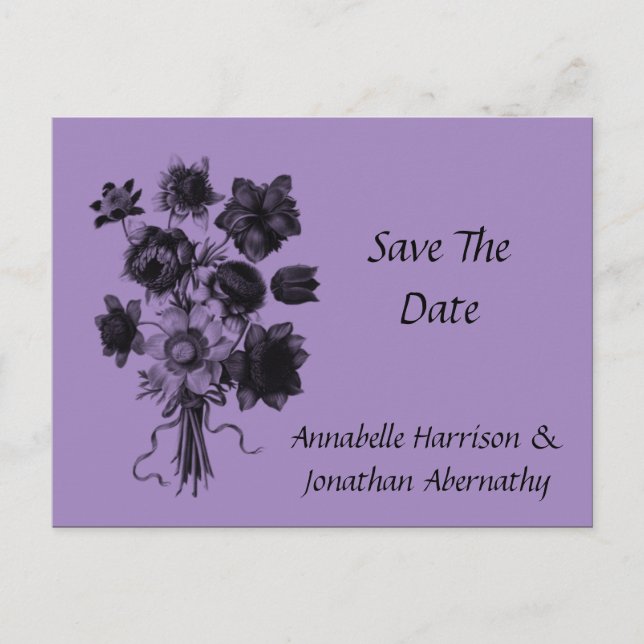 Schwarze und Lila Blüten Save the Date Ankündigungspostkarte (Vorderseite)